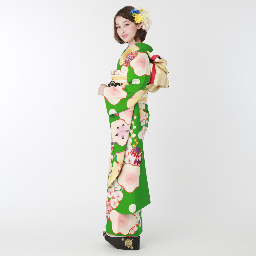 振袖：R1885 芸艸堂 緑 枝梅と毬│ 振袖レンタル │ 京都着物レンタル夢館