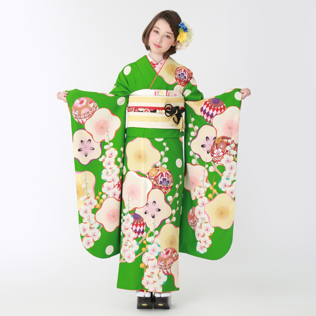 振袖：R1885 芸艸堂 緑 枝梅と毬│ 振袖レンタル │ 京都着物レンタル夢館