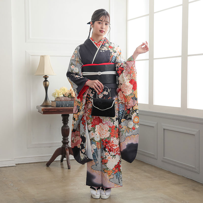 振袖：R2007 黒紺 花籠に霞│ 振袖レンタル │ 京都着物レンタル夢館