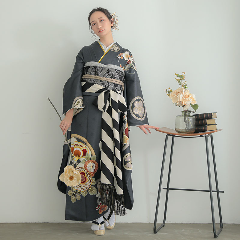 人気くすみ系□大輪の菊花・振袖7点セット丈175cm正絹トールサイズ