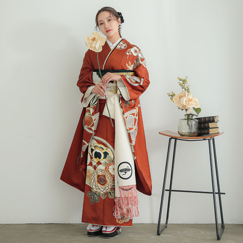 振袖：R2015 Dear 赤茶 花丸文│ 振袖レンタル │ 京都着物レンタル夢館