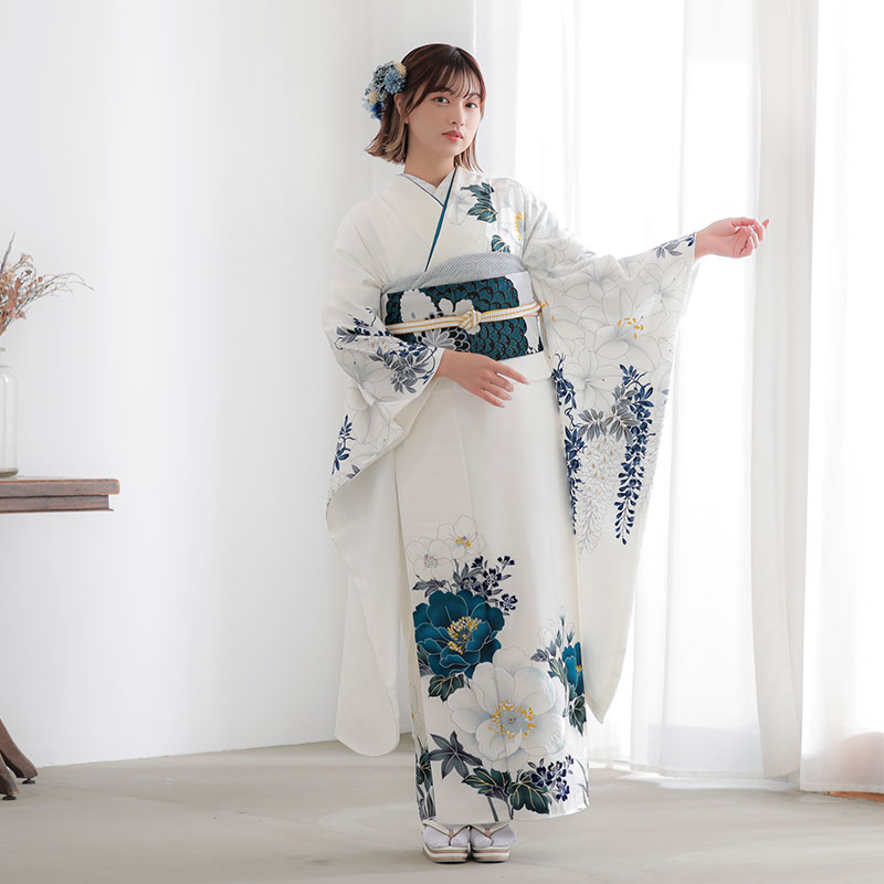 振袖：R2035 Vサンク 白 牡丹に花々│ 振袖レンタル │ 京都着物