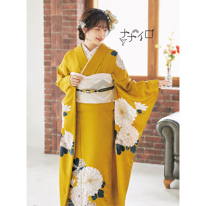 振袖 身長140-155cm 黄 正絹 振袖： R2052ナナイロからし色 菊