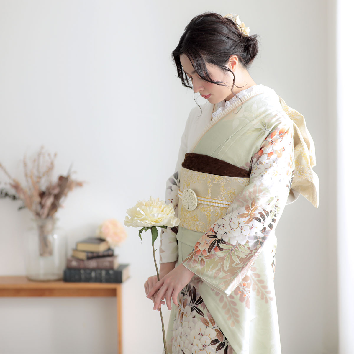 藤花│ モスグリーンx白 振袖：R2057 着物のみ 振袖レンタル 京都着物 │ 七五三