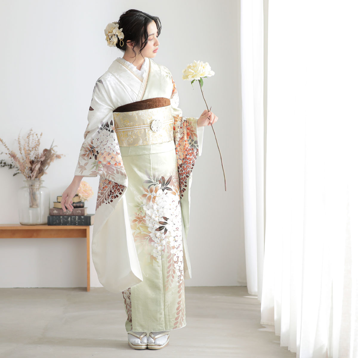 振袖：R2057 モスグリーンx白 藤花│ 振袖レンタル │ 京都着物