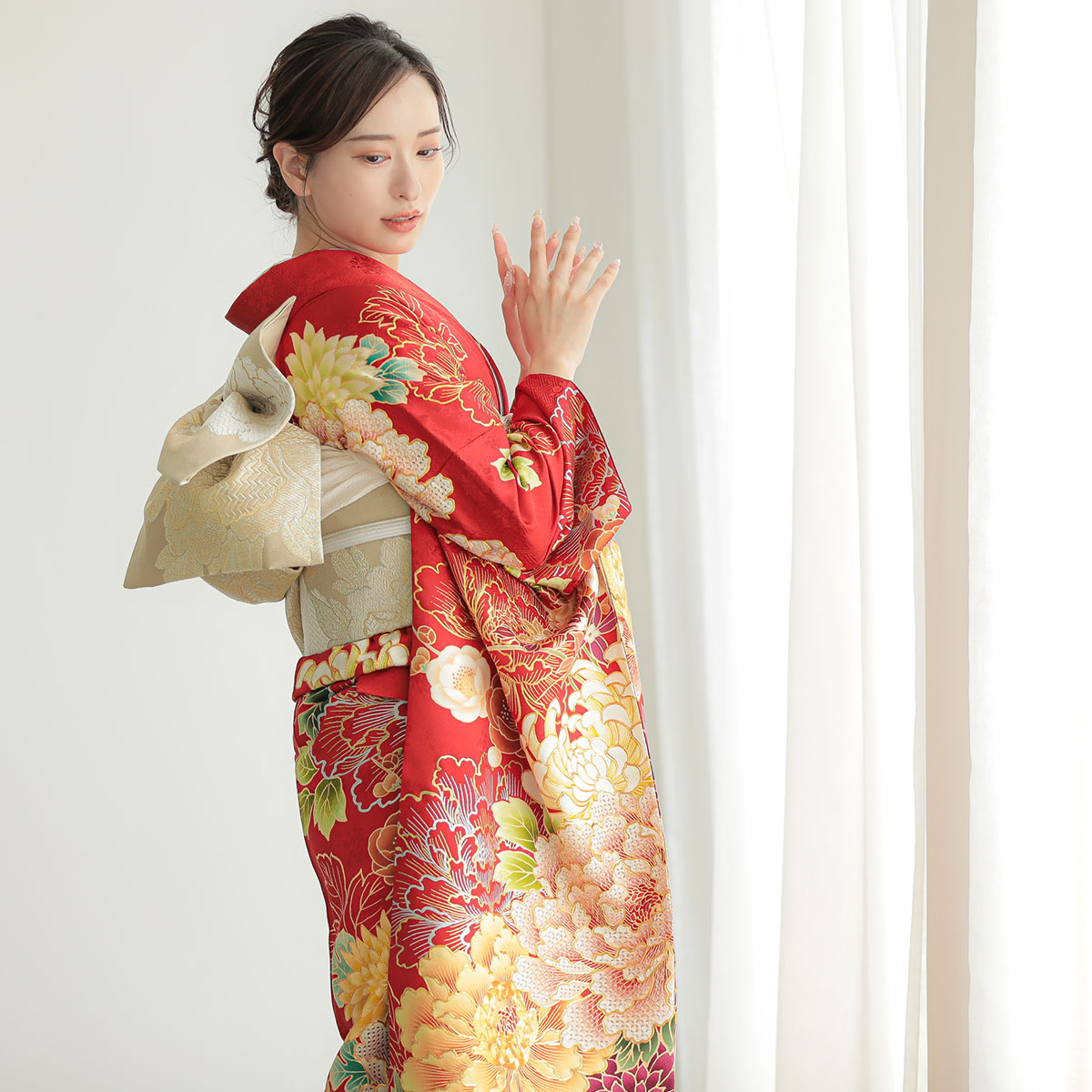 振袖 身長147-162cm 赤　牡丹　菊　桜　正絹 r1292-f-2.jpg