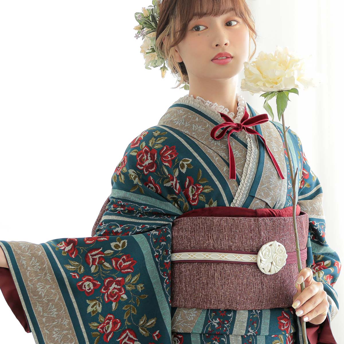 和風館　振り袖　ゴブラン織調薔薇 振袖： R2073和風館ブルー ゴブラン織調薔薇