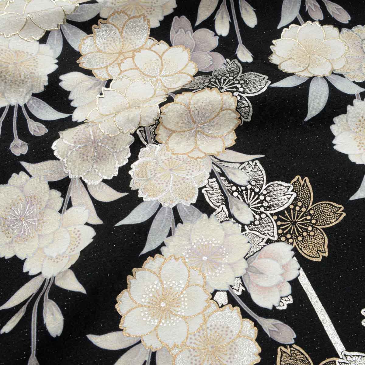 振袖袴： R2086黒 牡丹に桜│ 袴レンタル │ 京都着物レンタル夢館