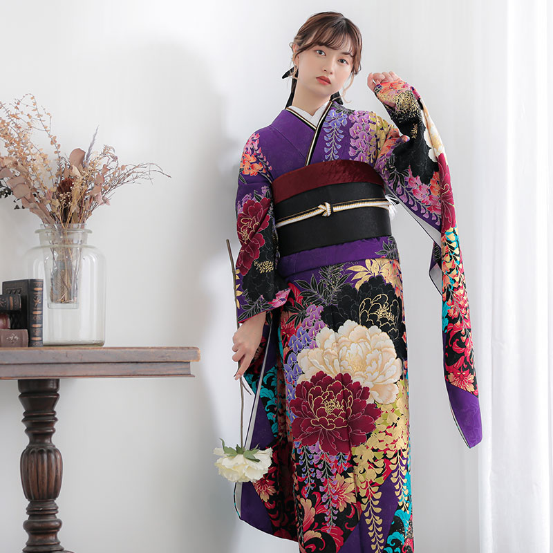 ◾️極上の振袖◾️瑠璃色◾️牡丹柄◾️ラインストーン◾️高級手縫いフルオーダー◾️フルセット モード 緑/白/黒 牡丹柄/大柄 派手 ギャル系振袖 目立つ かっこいい