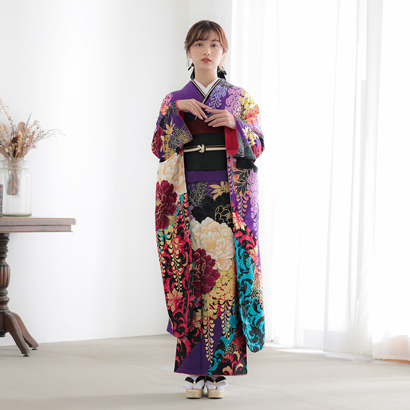 小紋 桐の花 藤 葡萄 兎 黒地 ブラック パープル お洒落 着物 022a d