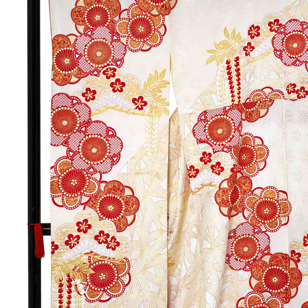 振袖袴： R2107最高峰絞り染元「滝泰」白 疋田鹿の子絞り 紅梅に松竹