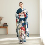 振袖：R2114 鉄紺 菊牡丹に笹│ 振袖レンタル │ 京都着物レンタル夢館