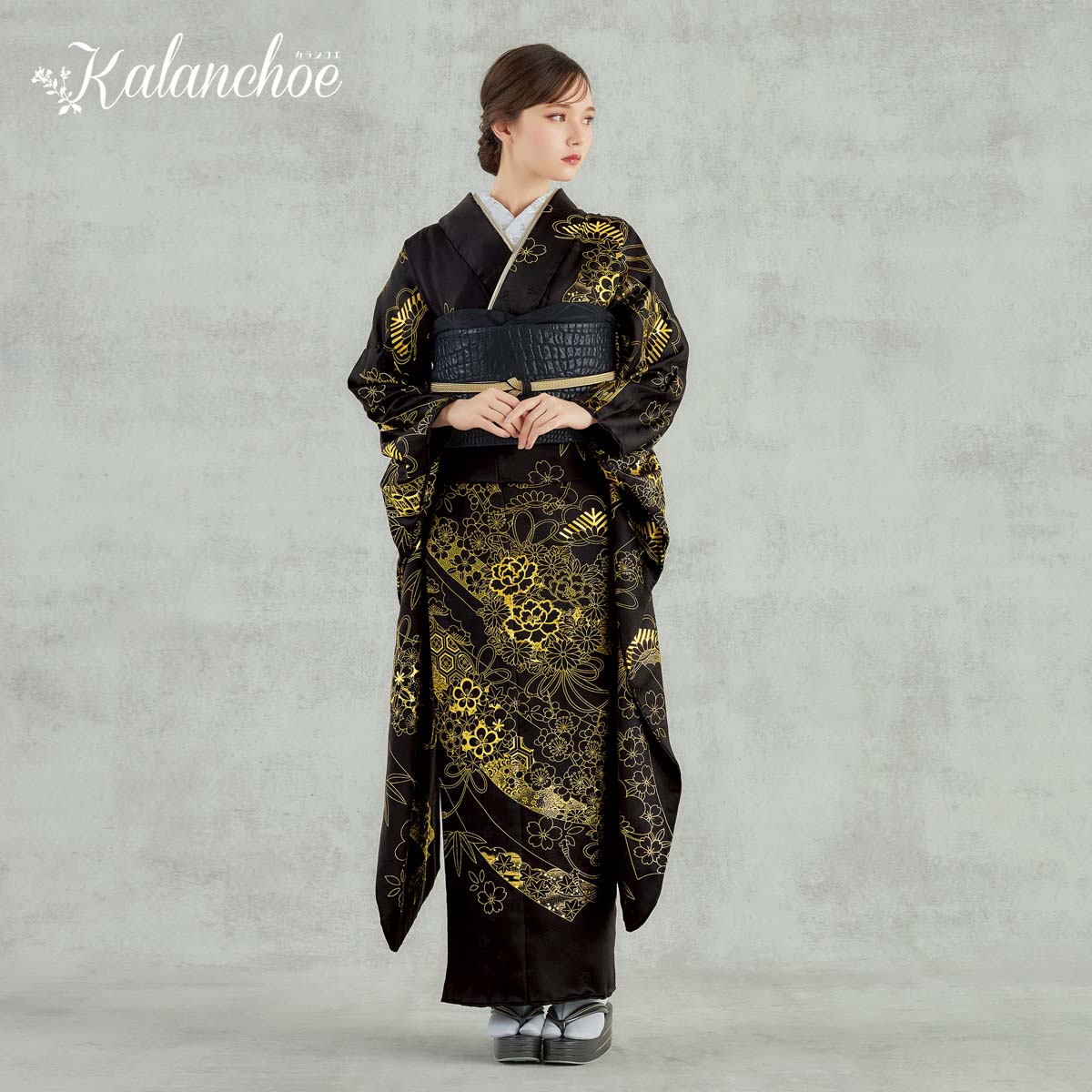 振袖：R2118 カランコエ 黒 金箔花薬玉熨斗│ 振袖レンタル │ 京都