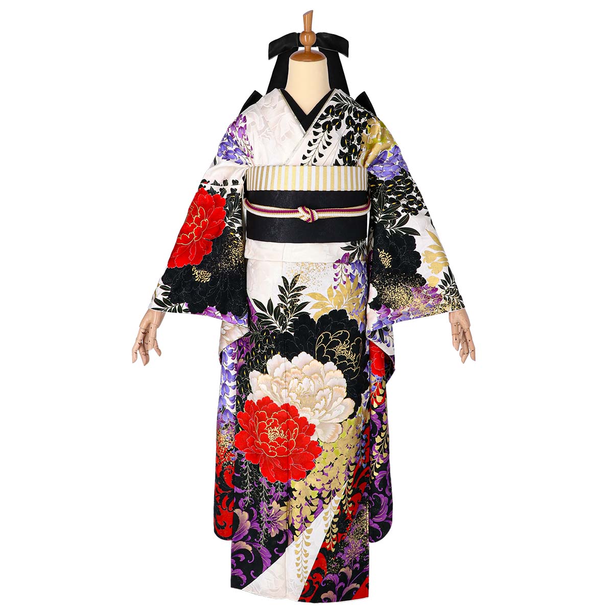 白地豪華な大輪牡丹の金彩振袖フルセット 白地豪華な大輪牡丹の金彩