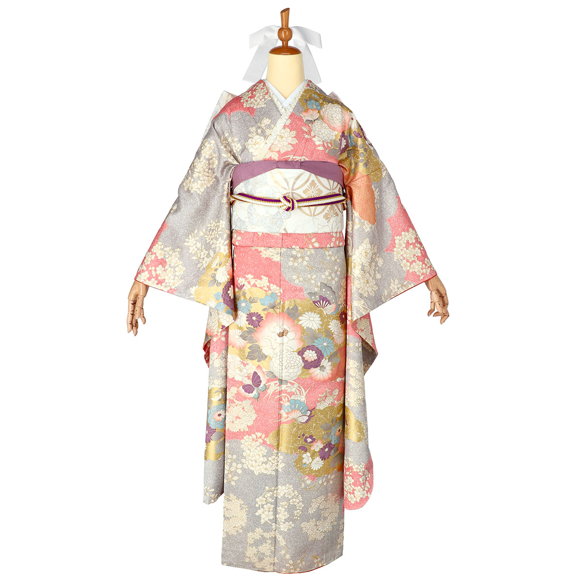 振袖：R2141 ピンク×グレー 菊牡丹に雲取り│ 振袖レンタル │ 京都