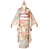 振袖：R2141 ピンク×グレー 菊牡丹に雲取り│ 振袖レンタル │ 京都