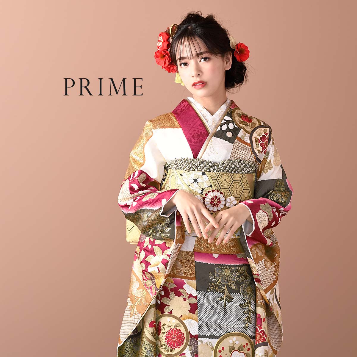 振袖：R2175 PRIME 紅 段違いに花丸文│ 振袖レンタル │ 京都着物