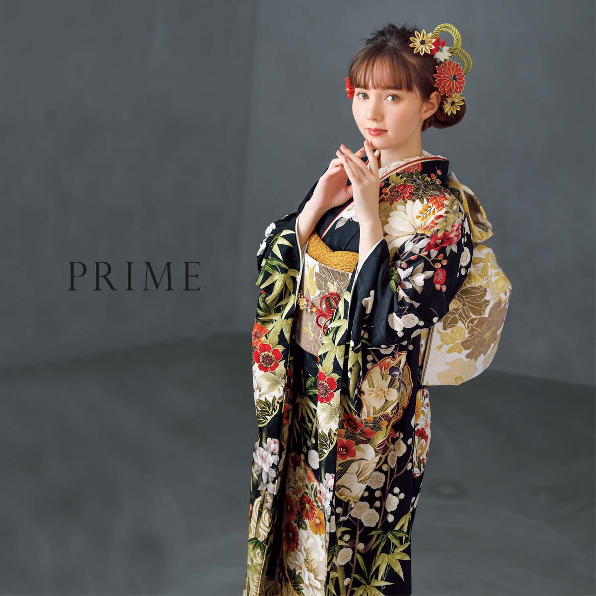 振袖：R2179 PRIME 黒 雪輪に竹梅椿│ 振袖レンタル │ 京都着物