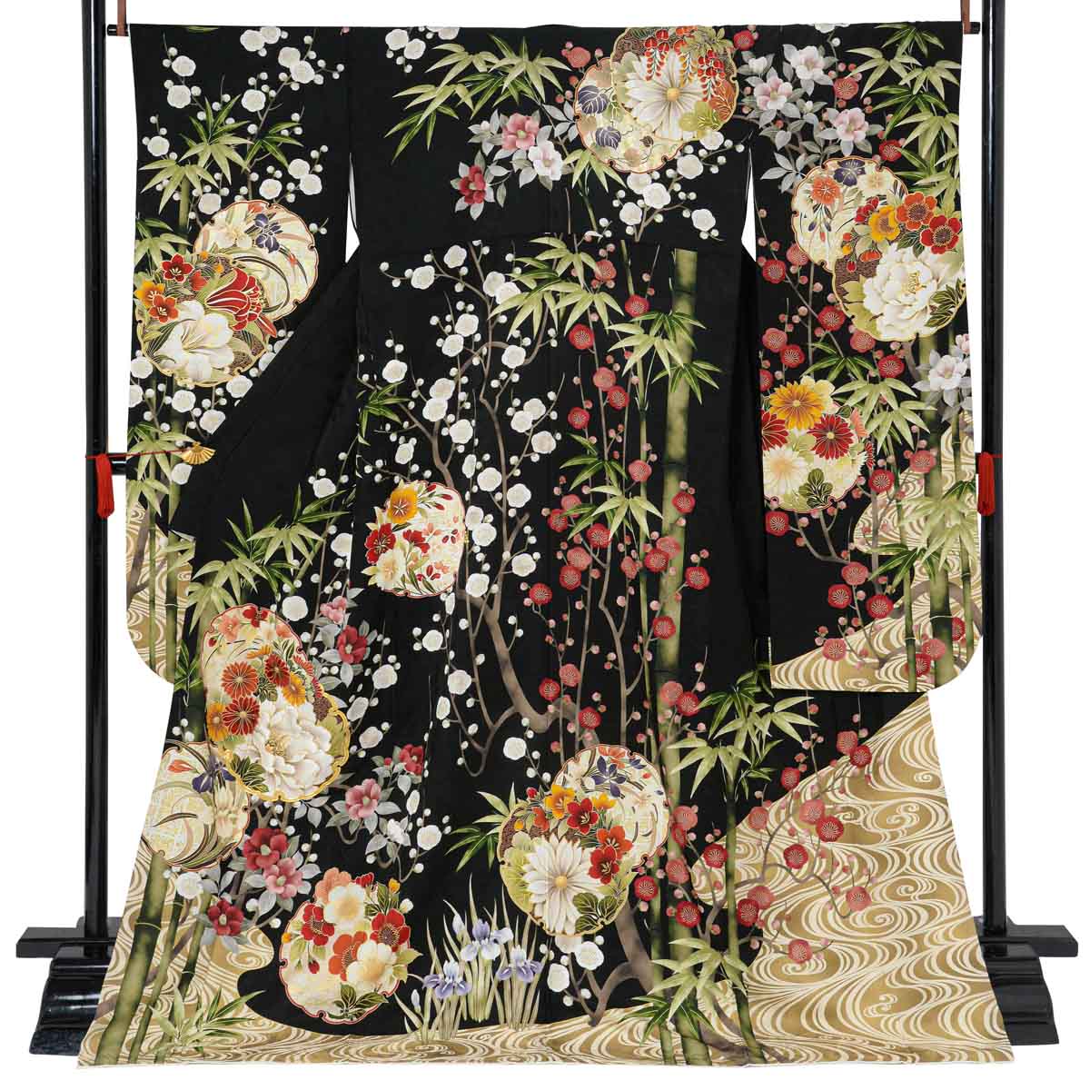 ■モダン■黒振袖■大輪椿南天■正絹振袖フルセット■成人式■振袖一式 □モダン□黒地□大輪椿南天□正絹振袖フルセット□成人式□振袖一式