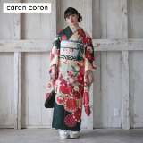 振袖：R2183 caran coron 緑×クリーム 菊に扇面椿│ 振袖レンタル