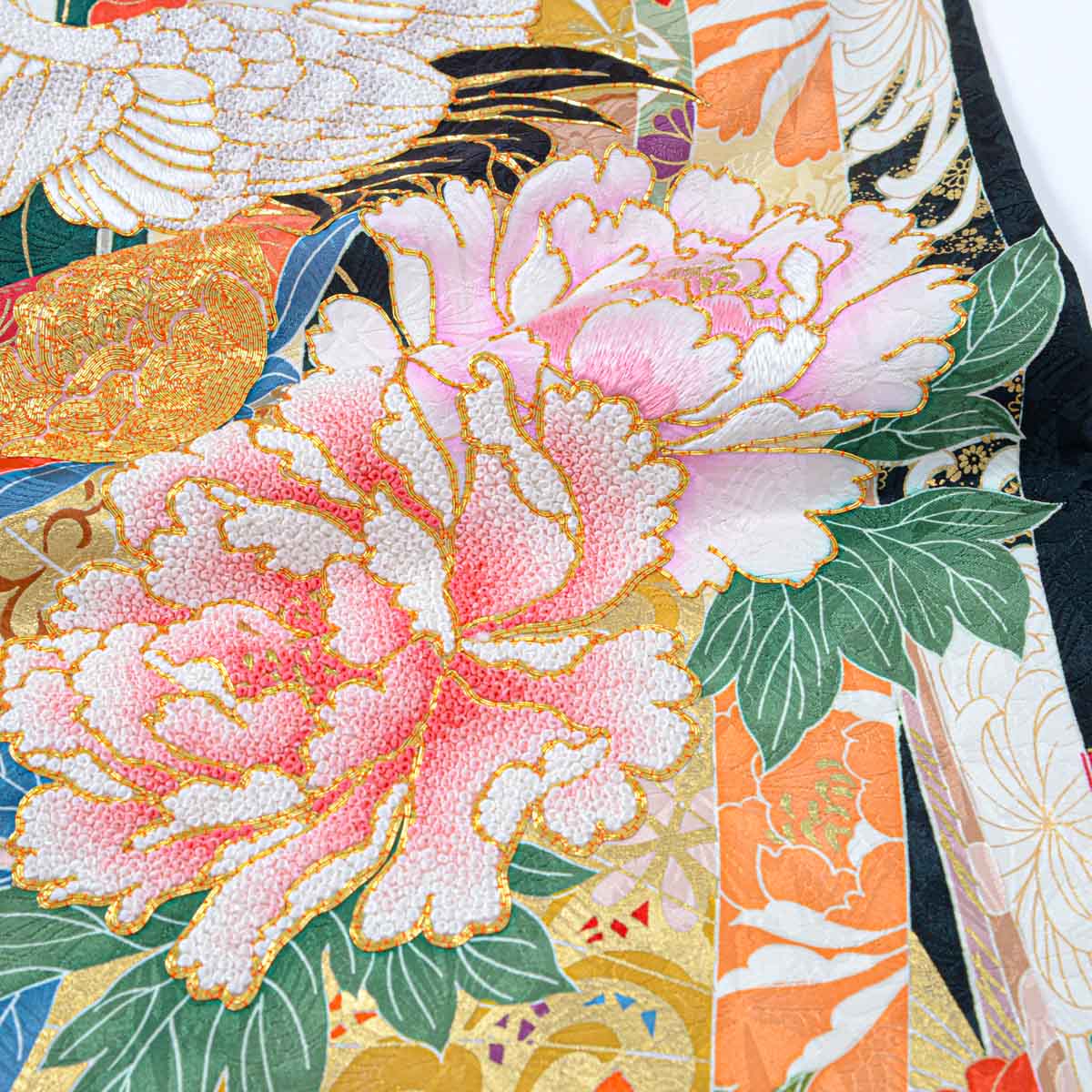 振袖袴： R2186相良刺繍 緑 牡丹と鶴に扇面熨斗│ 袴レンタル │ 京都
