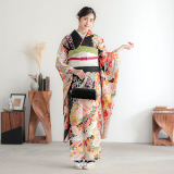 振袖： R2187相良刺繍 黒 牡丹と鶴に扇面熨斗