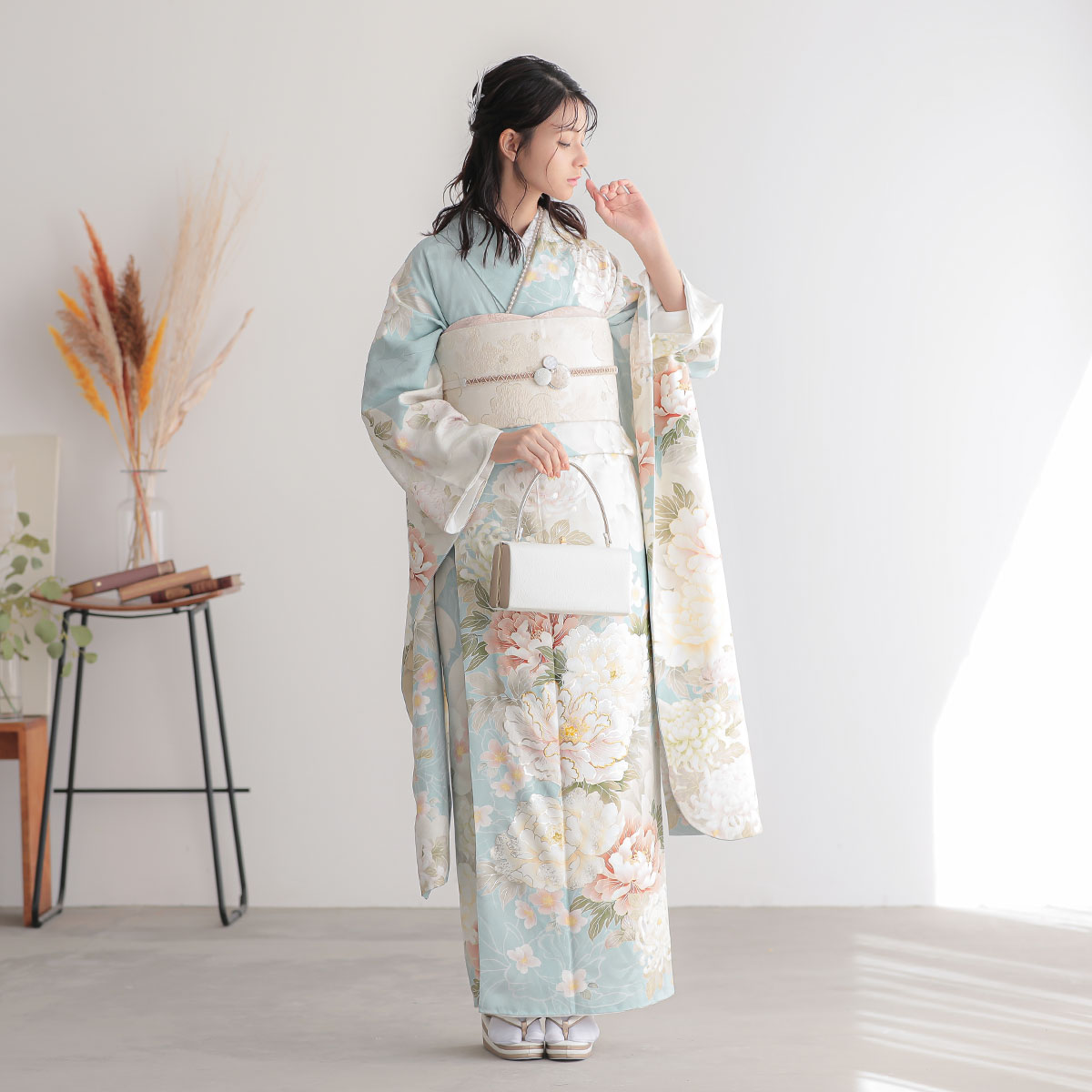 振袖：R2199 水色 菊に牡丹│ 振袖レンタル │ 京都着物レンタル夢館