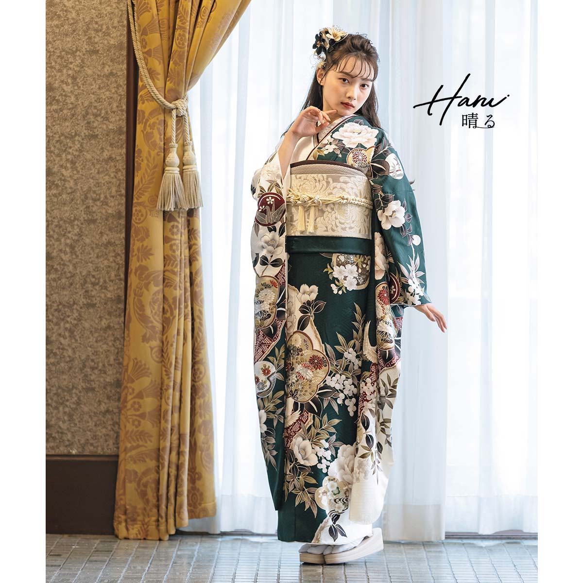 振袖： R2201Haru深緑×白 梅に椿