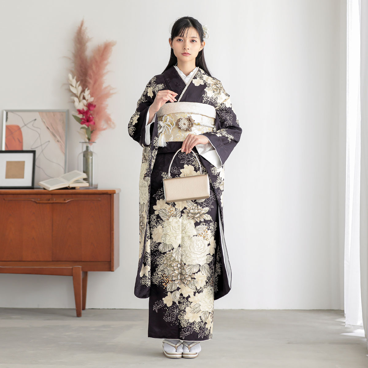 振袖：R2212 黒紫 白洋花│ 振袖レンタル │ 京都着物レンタル夢館