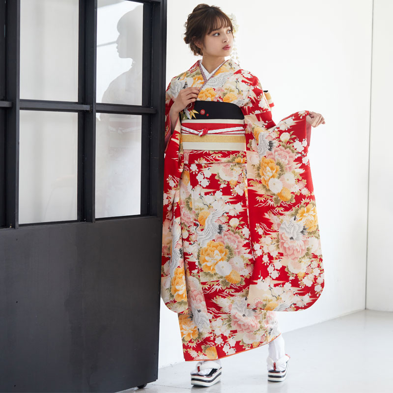 振袖：R226 きもの道楽 赤 鶴と牡丹│ 振袖レンタル │ 京都着物