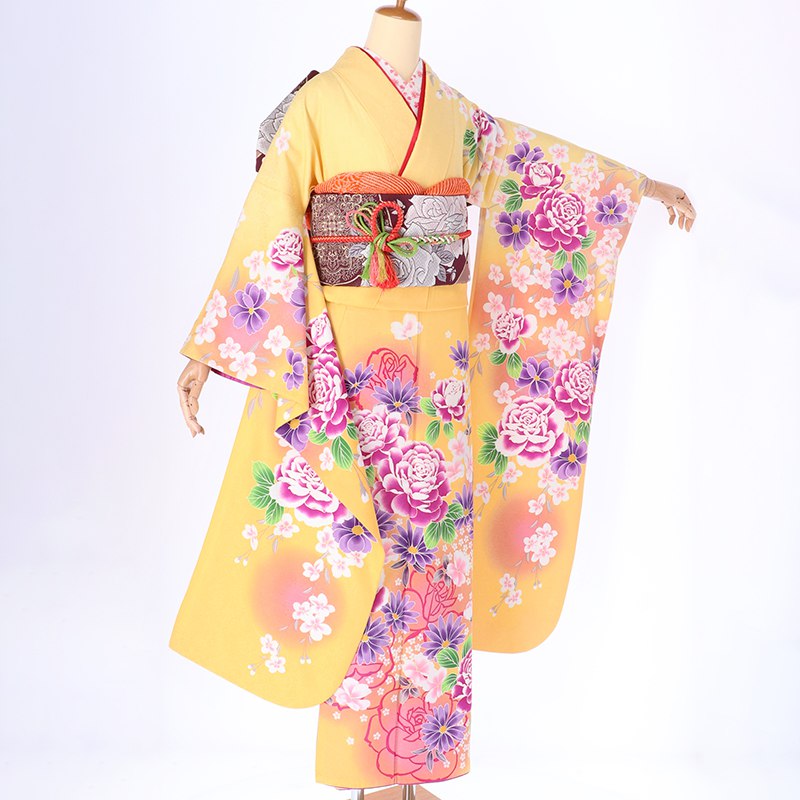 振袖：R235 黄色 薔薇とマーガレット│ 振袖レンタル │ 京都着物