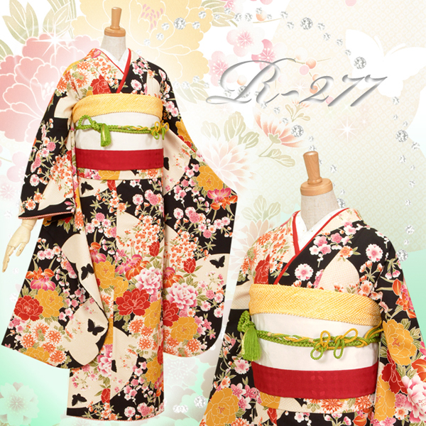 振袖：R277 きもの道楽 黒 牡丹と絞り柄の蝶々☆│ 振袖レンタル