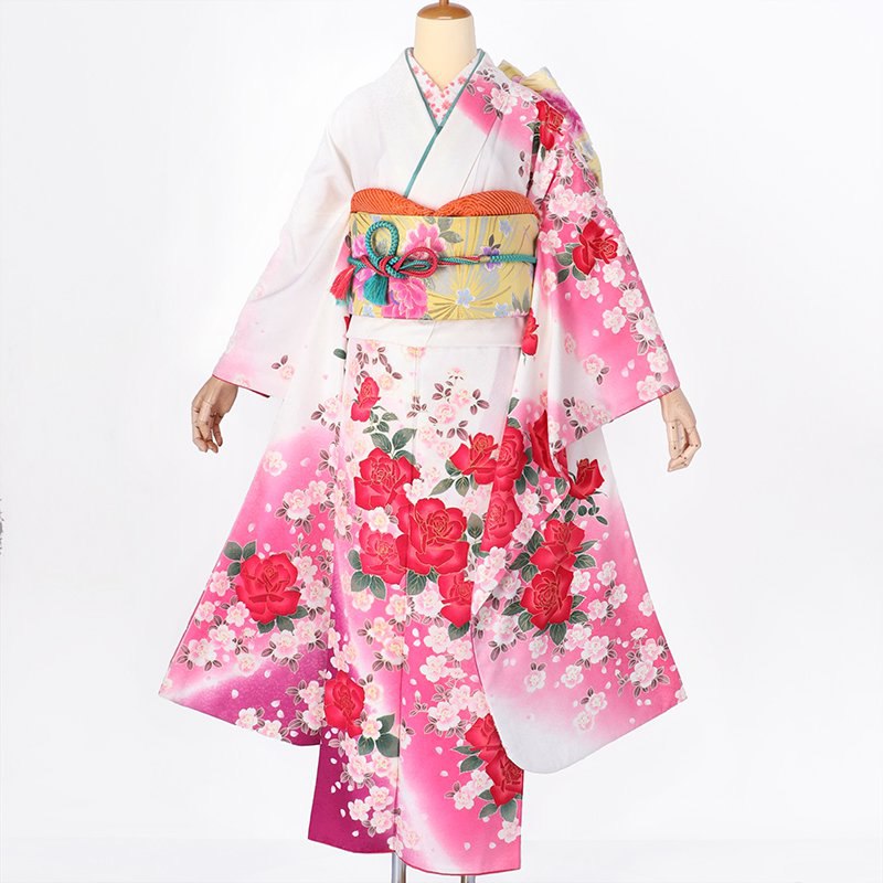 振袖：R301 白・ピンクぼかし 薔薇│ 振袖レンタル │ 京都着物
