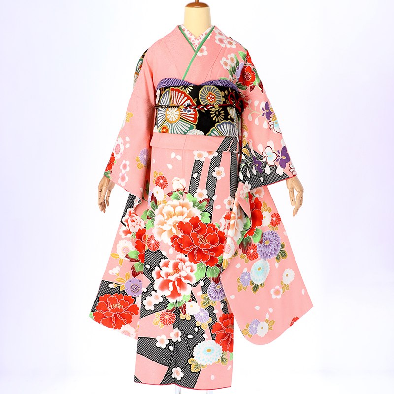 振袖：R405 ピンク 絞り柄に牡丹と梅・菊(R580)│ 振袖レンタル