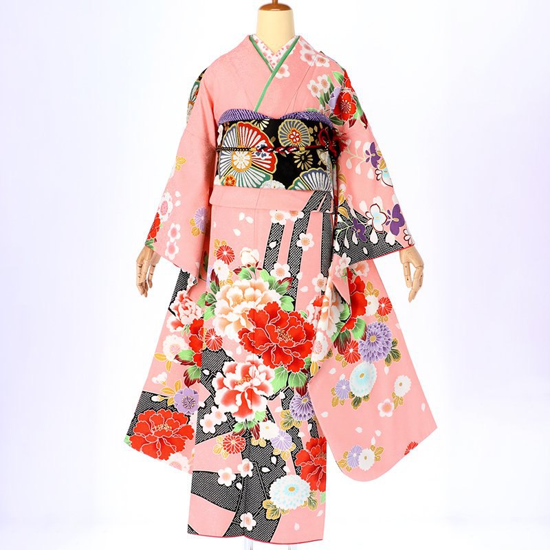 ゆりのはな　本振袖　京友禅ボカシ染め　花柄　ピンク/赤紫色系　正絹　J205 振袖：R405 ピンク 絞り柄に牡丹と梅・菊(R580)│ 振袖レンタル