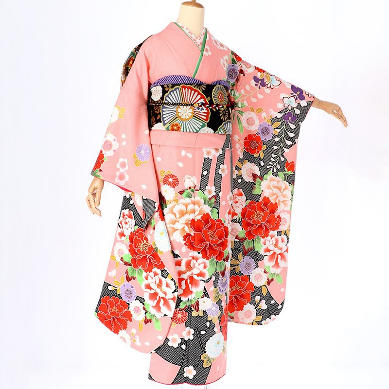 ゆりのはな　本振袖　京友禅ボカシ染め　花柄　ピンク/赤紫色系　正絹　J205 振袖：R405 ピンク 絞り柄に牡丹と梅・菊(R580)│ 振袖レンタル
