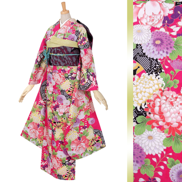 振袖：R427 ピンク 源氏車に牡丹と菊│ 振袖レンタル │ 京都着物