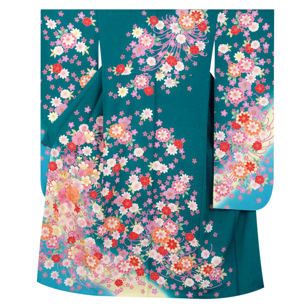 振袖：R460 【訳あり】青緑 鞠と桜の花束☆(絹)(S)│ 振袖レンタル