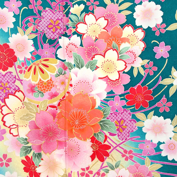 振袖：R460 【訳あり】青緑 鞠と桜の花束☆(絹)(S)│ 振袖