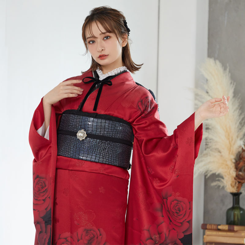 振袖：R479 赤 真紅のモダンローズ☆(絹)│ 振袖レンタル │ 京都着物