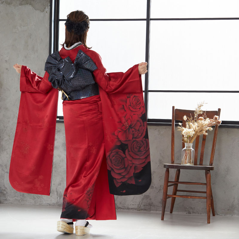 振袖：R479 赤 真紅のモダンローズ☆(絹)│ 振袖レンタル │ 京都着物