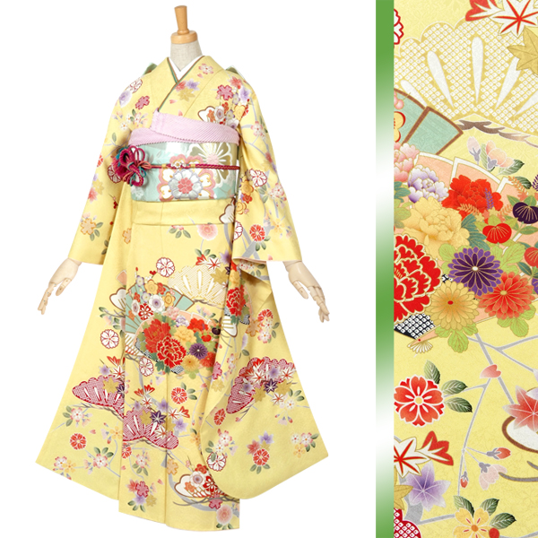 振袖：R491 黄 平安浪漫 花扇☆(絹)│ 振袖レンタル │ 京都着物