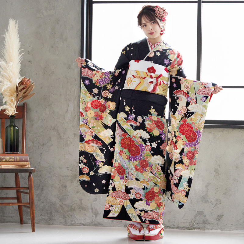 振袖：R493 黒 古典 花くす玉に熨斗(絹)│ 振袖レンタル │ 京都着物