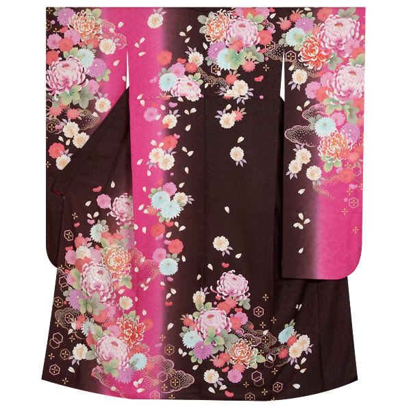 振袖：R503 Moe Oshikiri 茶ピンク暈 牡丹に乱菊☆(絹)│ 振袖レンタル