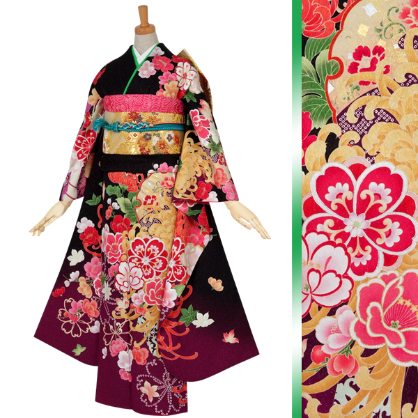 振袖 フルセット6点サイズＬ雪輪舞花文　金彩　正絹 振袖：R508 Asuka 黒 雪輪に大輪菊と牡丹☆(絹)│ 振袖レンタル