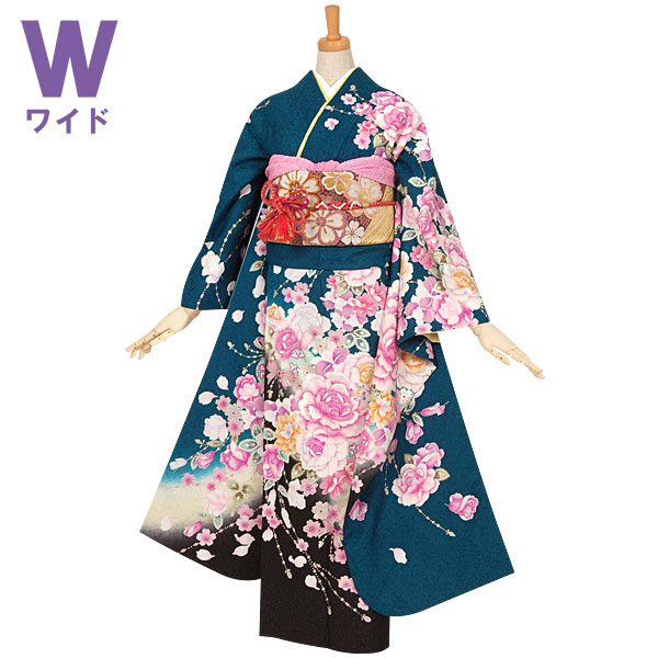 振袖：R529 青緑 牡丹とリボン☆(絹)(w)│ 振袖レンタル │ 京都着物