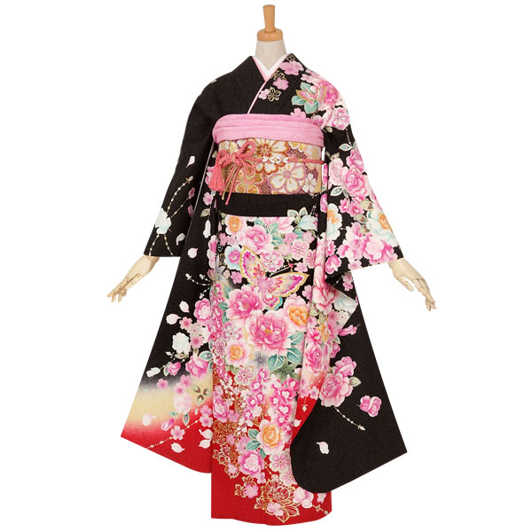 ☆中古品☆振袖　単品　正絹　黒系桜模様Ｂ級品ヤケ有り振袖 楽天市場】【成人式 振袖 レンタル】RS1792 正絹 黒 扇桜（絹）フル