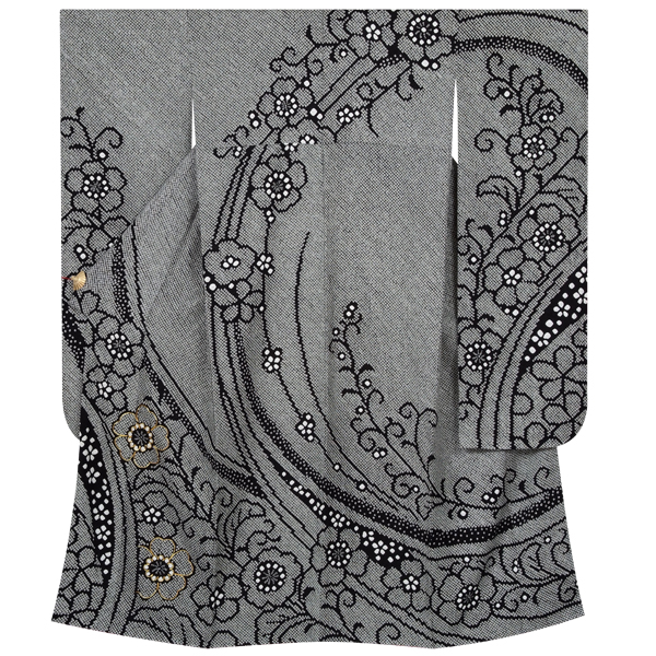 ☆中古品☆振袖　単品　正絹　黒系花模様Ｂ級品ヤケ有り振袖 ☆中古品☆振袖 単品 正絹 黒系花模様B級品ヤケ有り振袖 - 着物