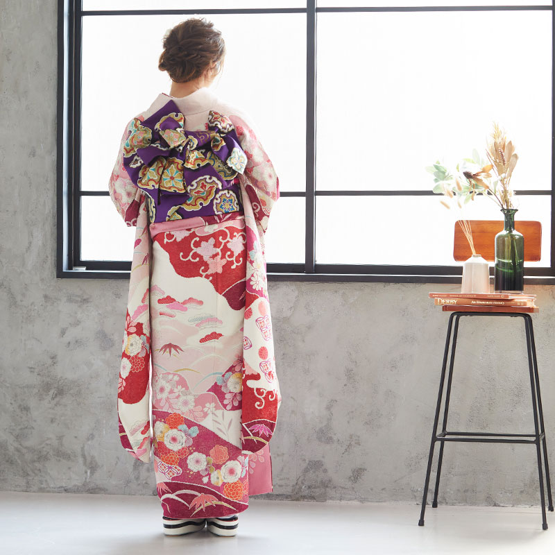 振袖：R575 赤紫 辻が花風菊と松竹梅☆(絹)│ 振袖レンタル │ 京都