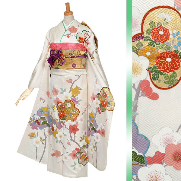 振袖：R594 【訳あり】白 紅白梅と桜☆(絹)│ 振袖レンタル │ 京都